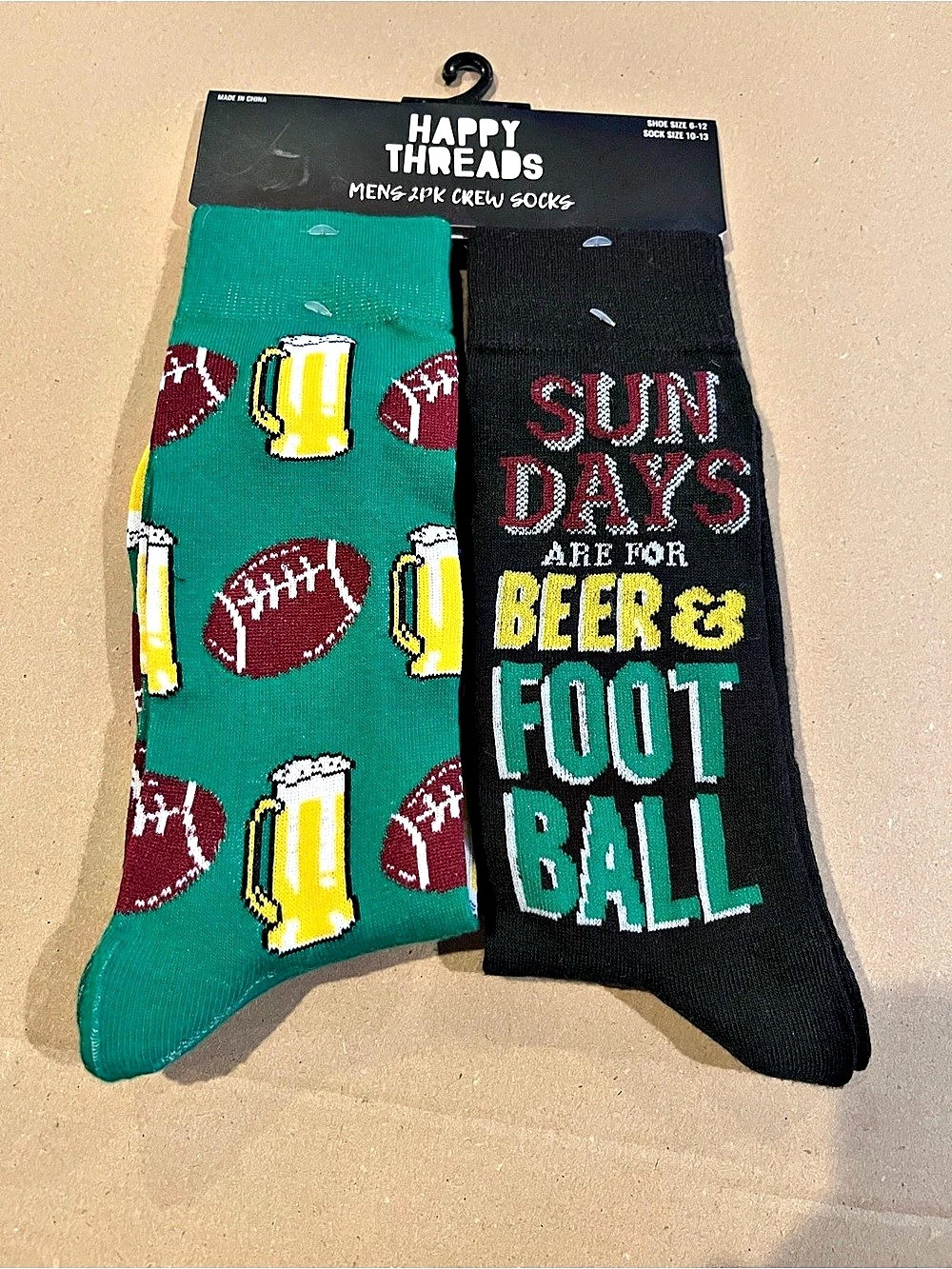 Happy Threads Mens 2PK Crew Socks Sunday Days Are For Beer & Football Beer &